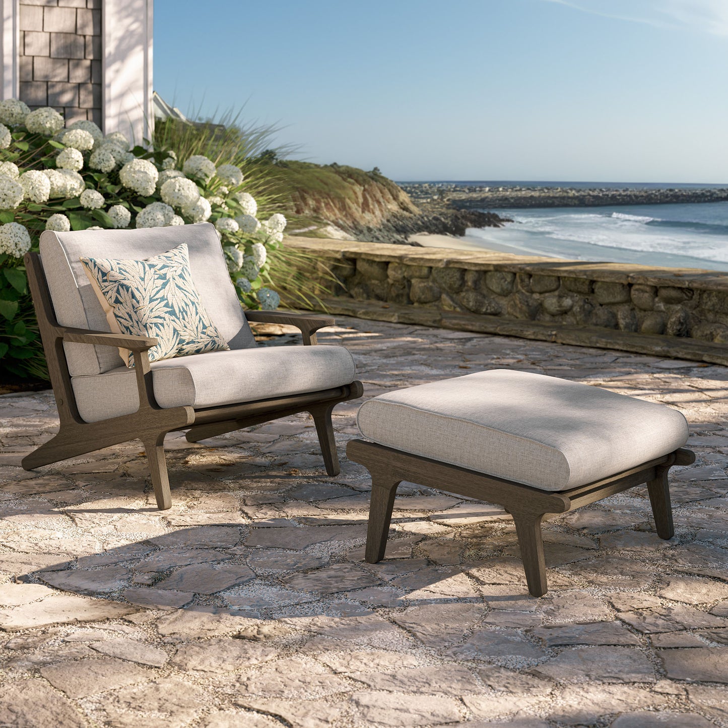 Lark Outdoor Patio Teak Wood Chair and Ottoman Set in Weathered Gray Pebble