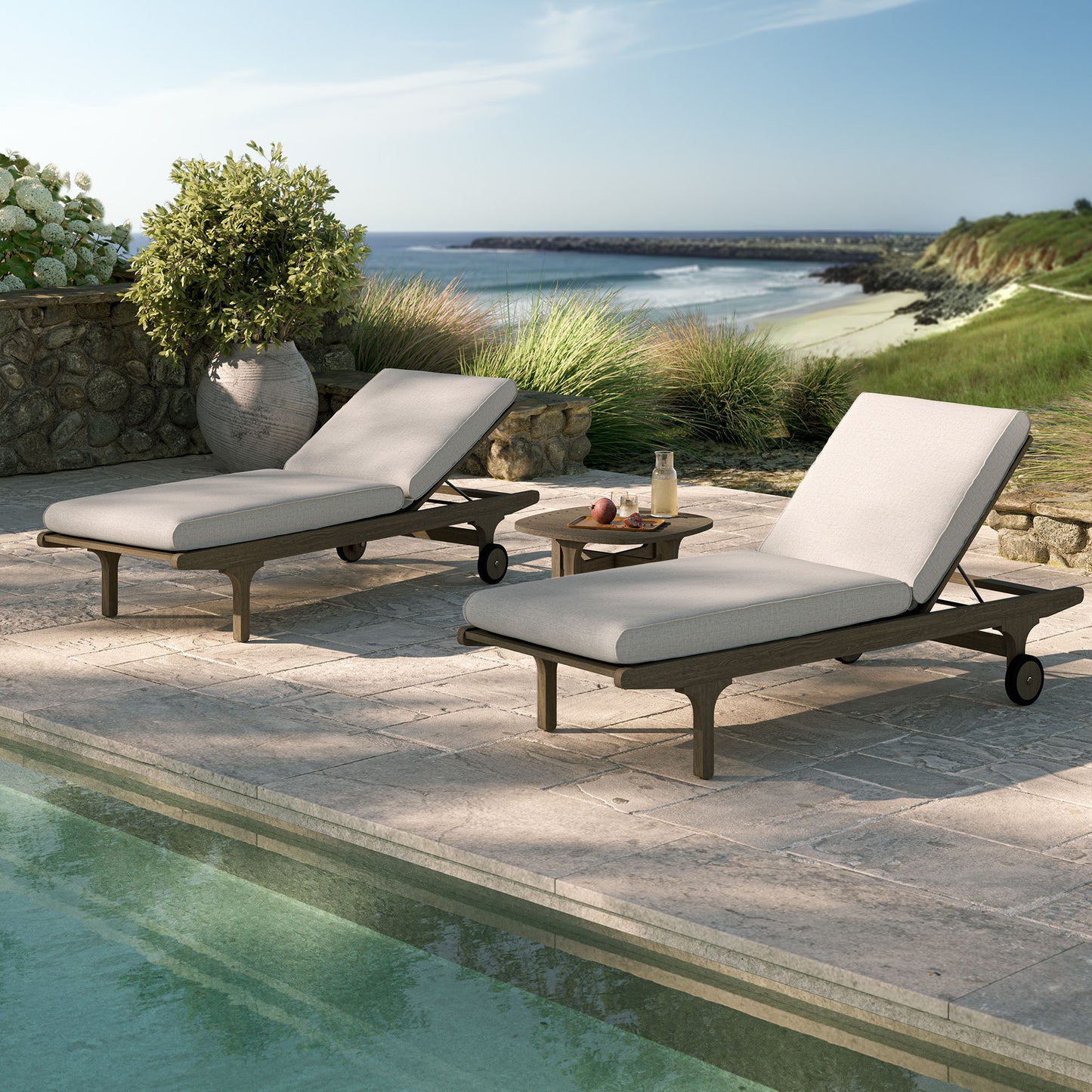 Lark Outdoor Patio Teak Wood 3-Piece Chaise Lounge Furniture Set in Weathered Gray Pebble