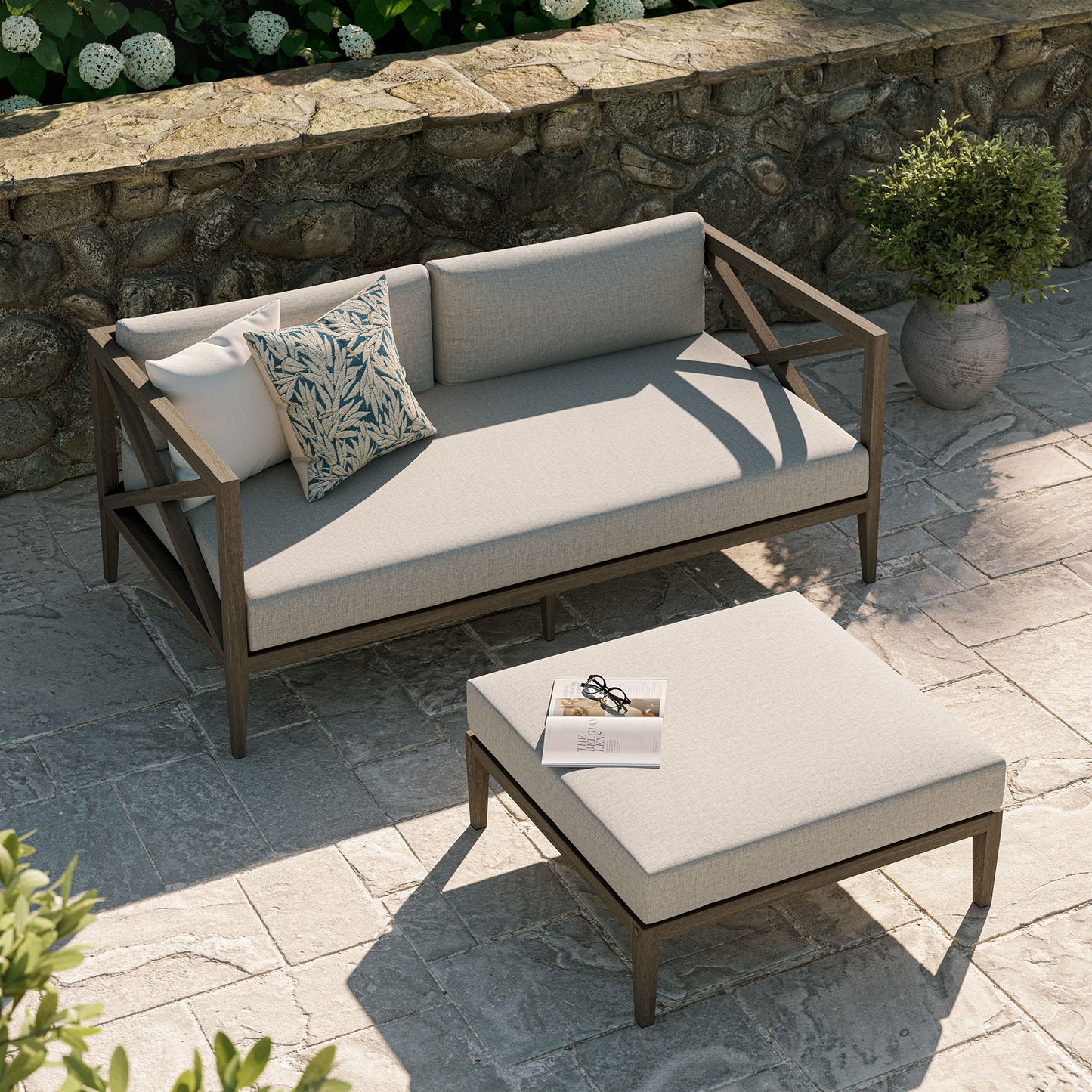 Roan Outdoor Patio Teak Wood Loveseat and Ottoman Set in Weathered Gray Pebble