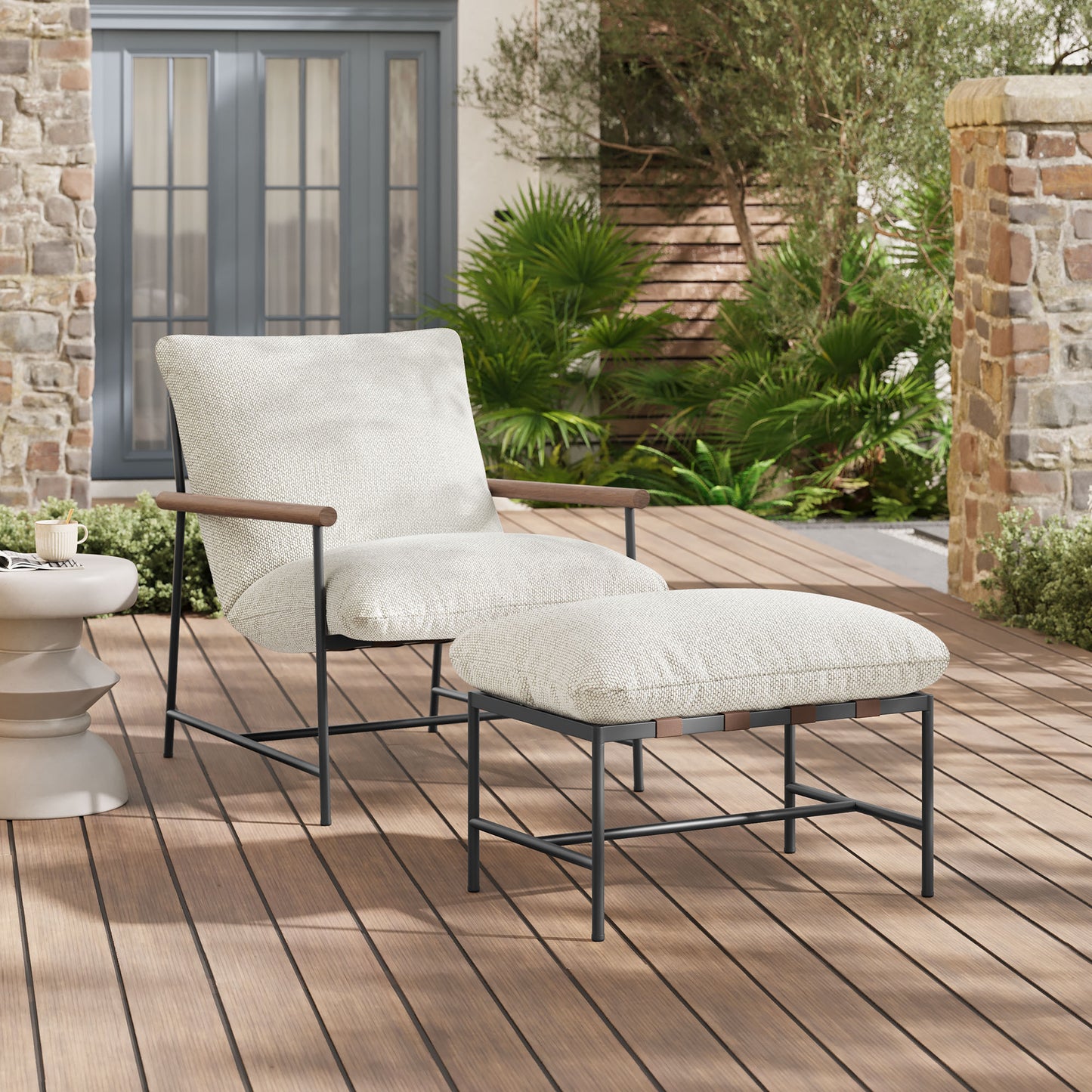 Claret Outdoor Patio Boucle Lounge Chair and Ottoman in Ivory