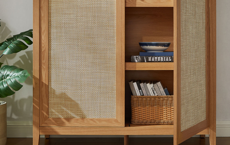 Etesian 79" Tall Wide Rattan Arched Storage Cabinet in Natural