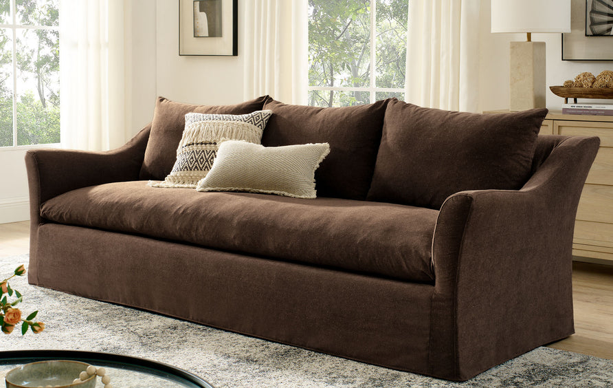 Malbec 92" Linen Blend Slipcovered Sofa in Cocoa