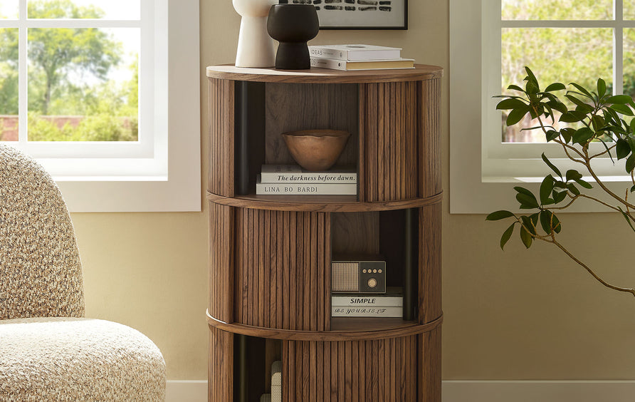Beatrix Round Pedestal Stand Storage Table With Sliding Tambour Doors in Walnut