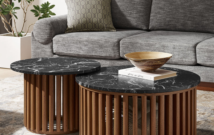 Hollis Round Faux Marble Top Nesting Coffee Table in Walnut Black