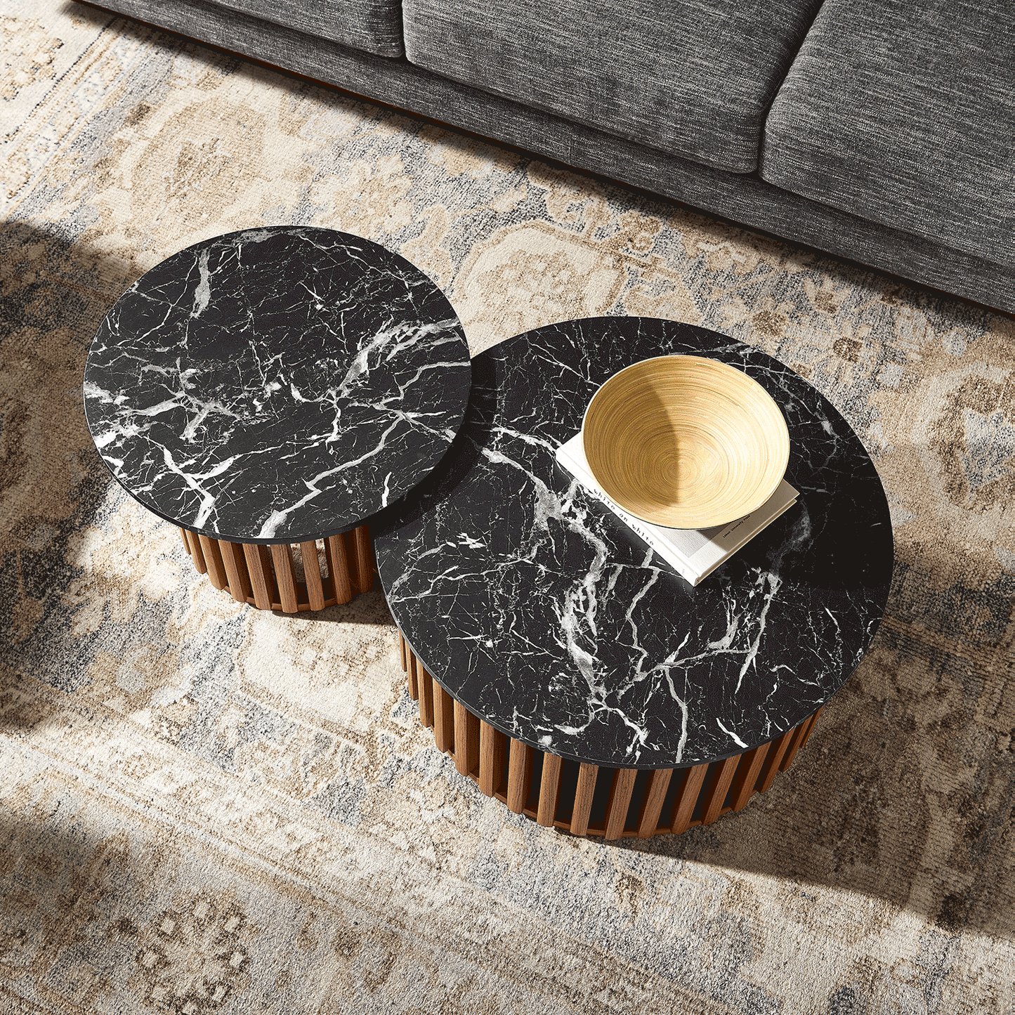 Hollis Round Faux Marble Top Nesting Coffee Table in Walnut Black