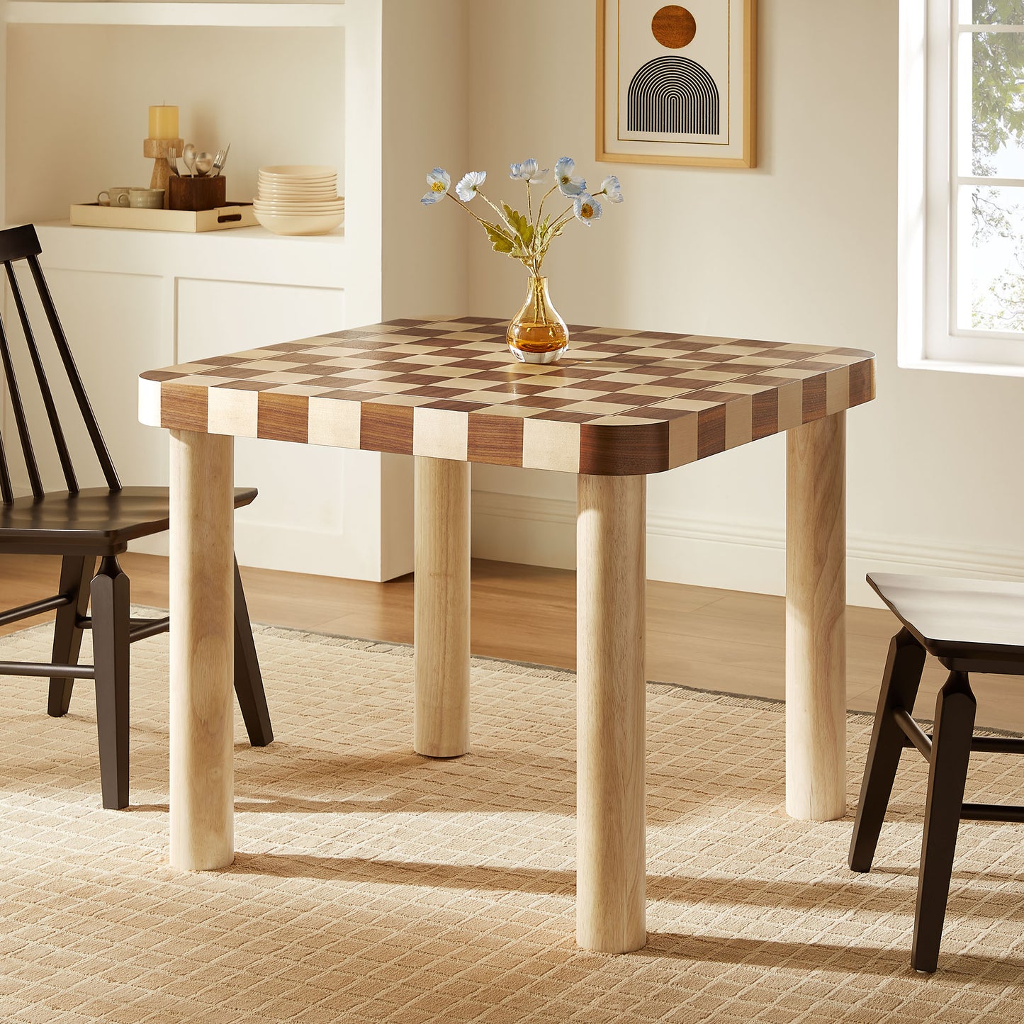 Vesteralen 36 Inch Square Checkered Dining Table in Oak and Walnut