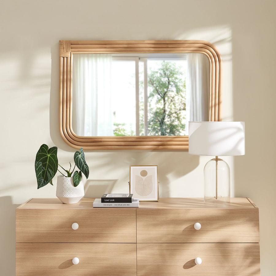 Ezra Curved Rectangle Rattan Wall Mirror in Natural