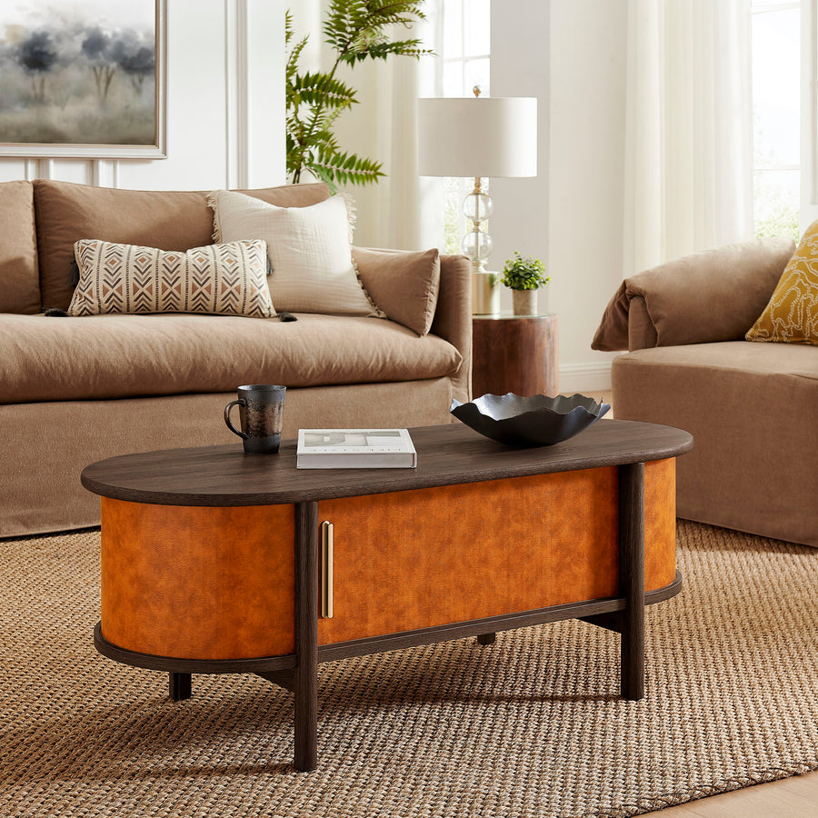 Verdant Curved Vegan Leather Oval Coffee Table in Walnut Tan