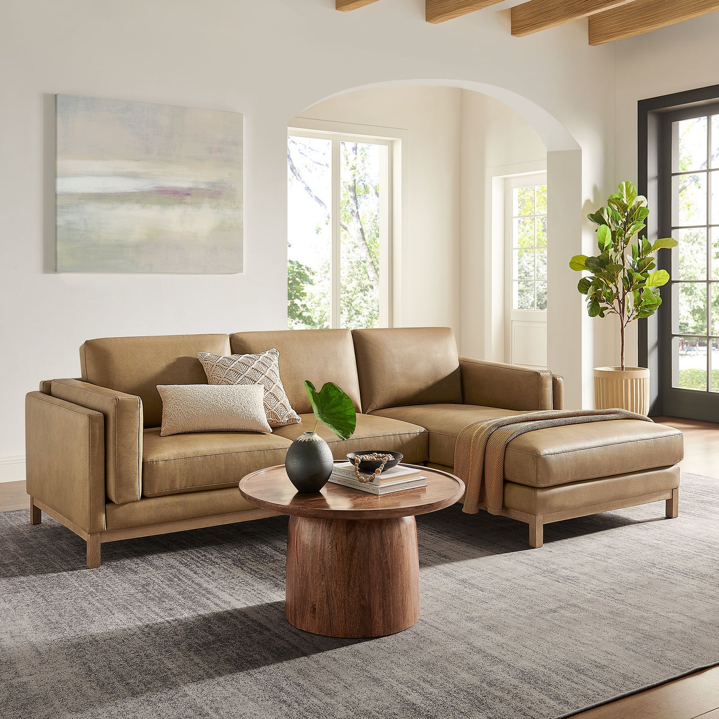 Fern Right-Facing Vegan Leather Sectional Sofa with Chaise in Toast