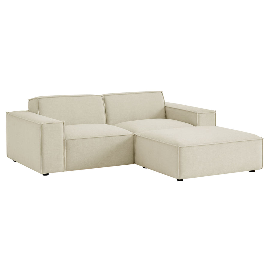 Atlas 3-Piece Performance Fabric Upholstered Modular Loveseat with Ottoman in Ecru