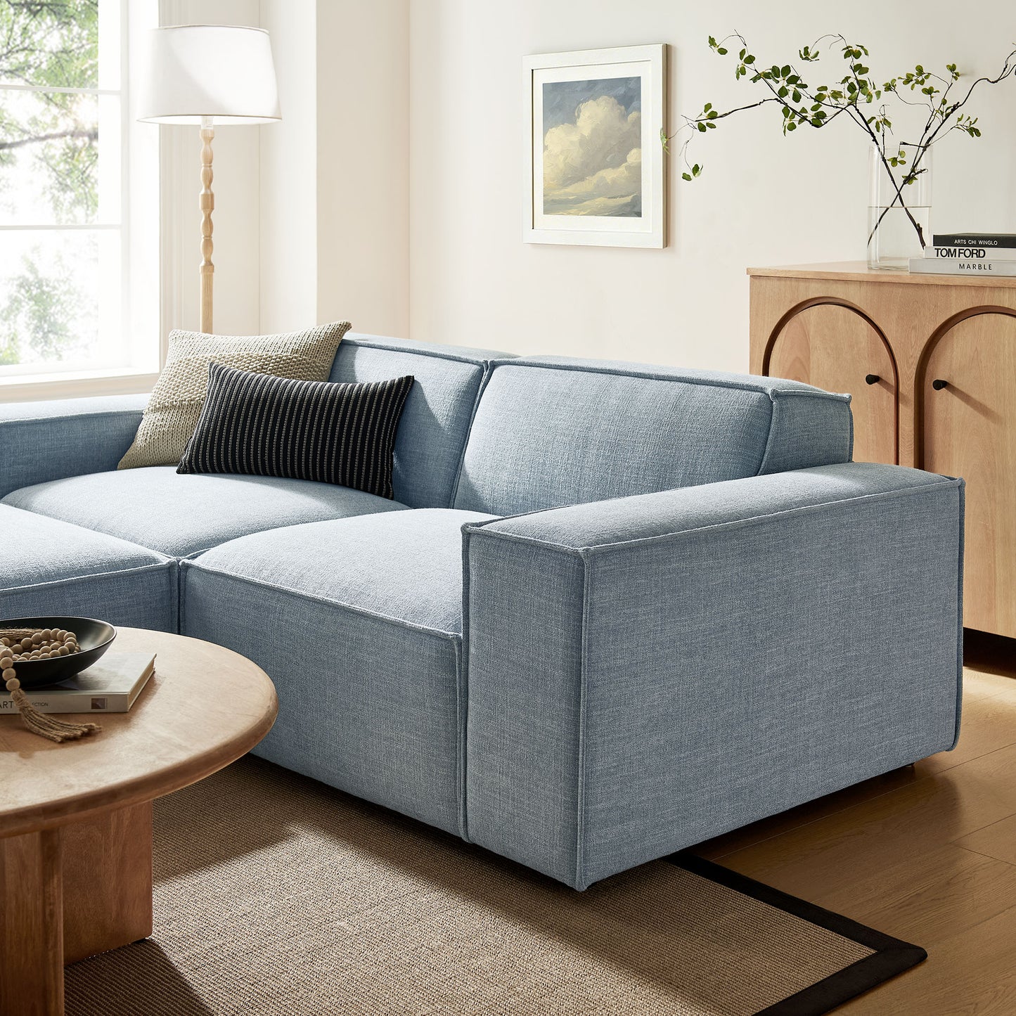 Atlas 3-Piece Performance Fabric Upholstered Modular Loveseat with Ottoman in Sky