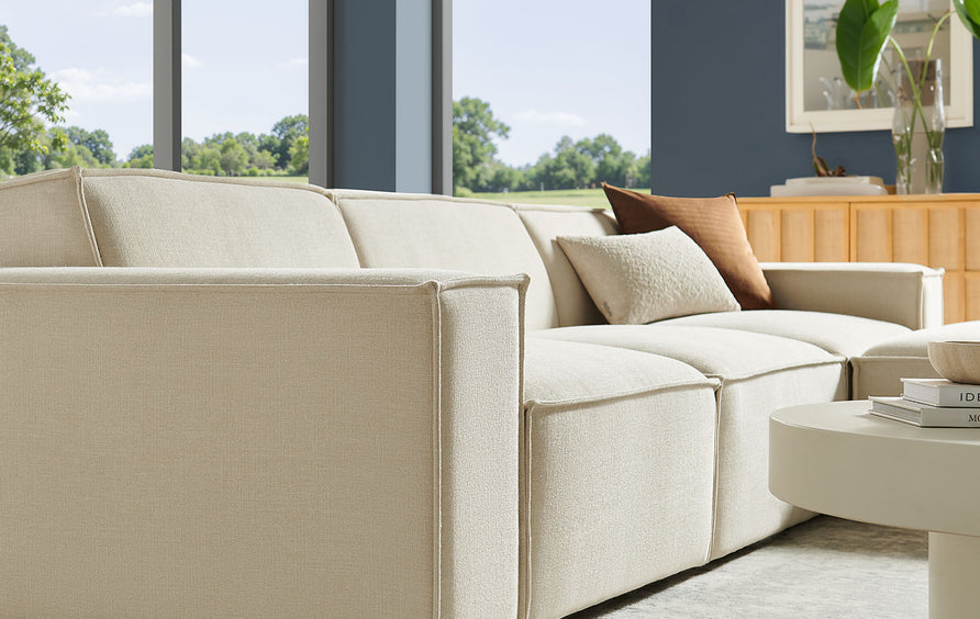 Atlas 4-Piece Performance Fabric Upholstered Modular Sofa Set with Ottoman in Ecru