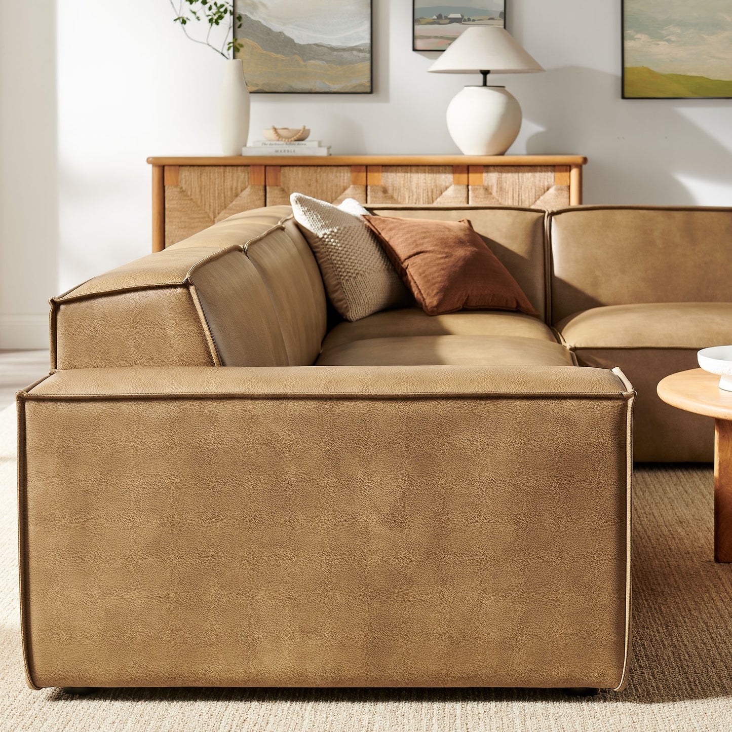Atlas 4-Piece Vegan Leather Modular L-Shaped Sofa in Toast
