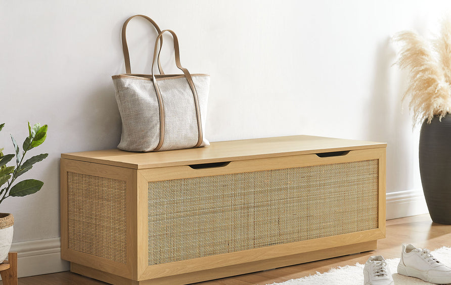 Wren 47" Rattan Storage Bench in Oak