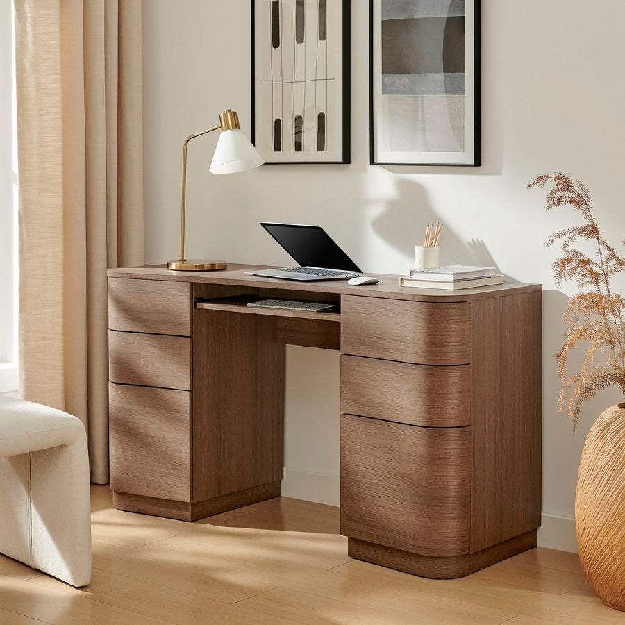 Mosaic 55" 6-Drawer Curved Office Desk in Brushed Brown Oak