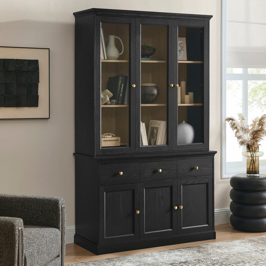 Yvaine 79 Inch Large Storage Display Cabinet in Black Oak