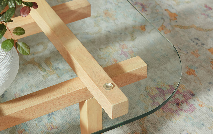 Mallow 35 Inch Tempered Glass Coffee Table in Oak