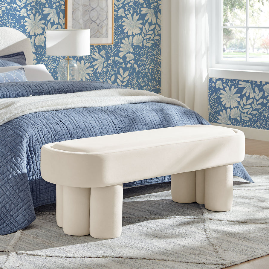 Elemi Oval Performance Velvet Accent Bench in Alabster
