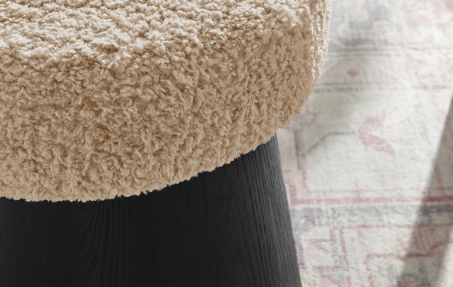 Baeza Round Faux Shearling Ottoman Footstool in Oatmeal Black