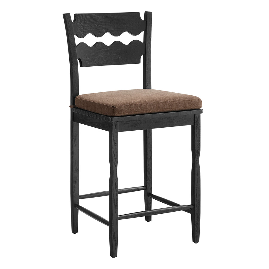 Lennox Oak Wood Counter Stool With Wavy Razor Back and Cushion in Black Cocoa
