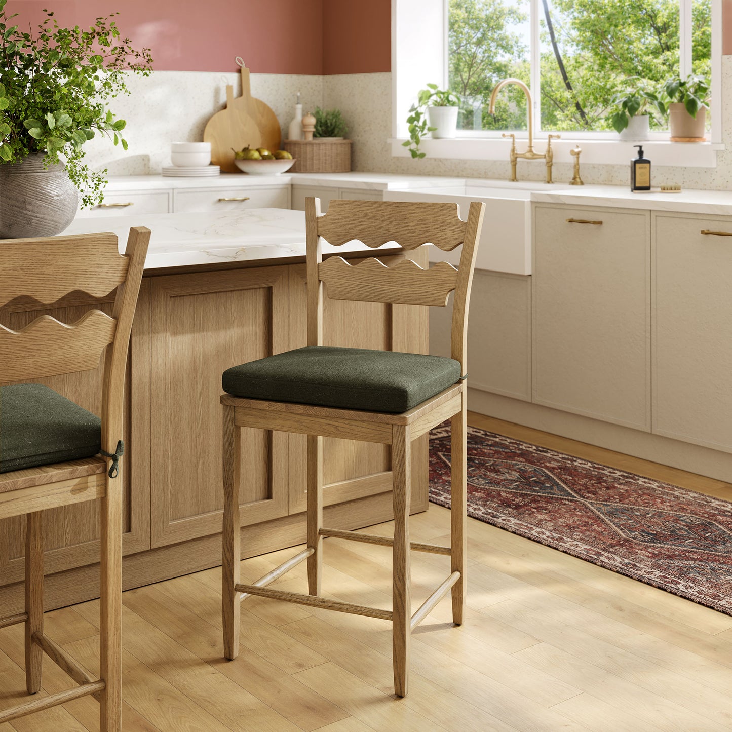 Lennox Oak Wood Counter Stool With Wavy Razor Back and Cushion in Weathered Oak Sage