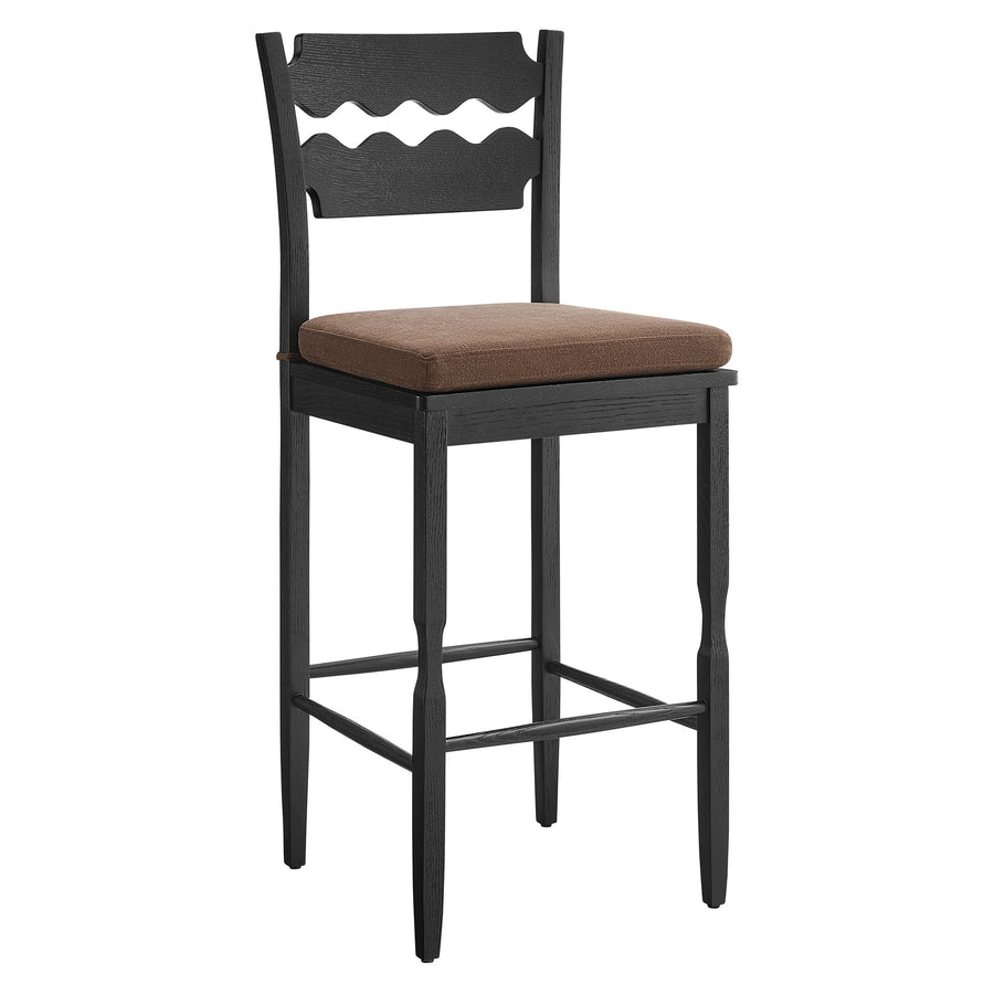 Lennox Oak Wood Bar Stool With Wavy Razor Back and Cushion in Black Cocoa