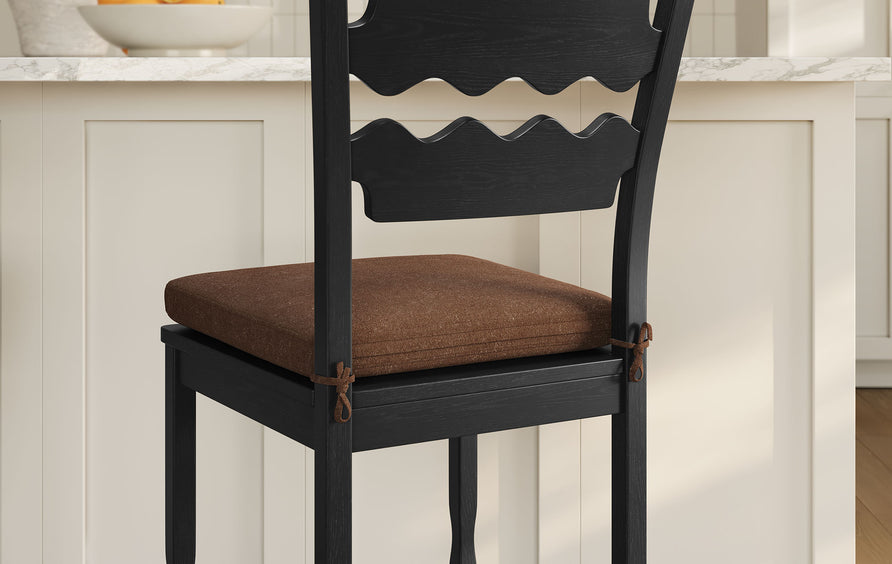 Lennox Oak Wood Bar Stool With Wavy Razor Back and Cushion in Black Cocoa