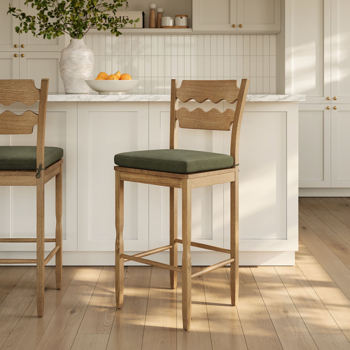 Lennox Oak Wood Bar Stool With Wavy Razor Back and Cushion in Weathered Oak Sage