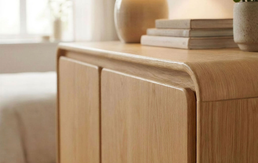 Cassia 2-Door Curved Wood Accent Cabinet in Oak