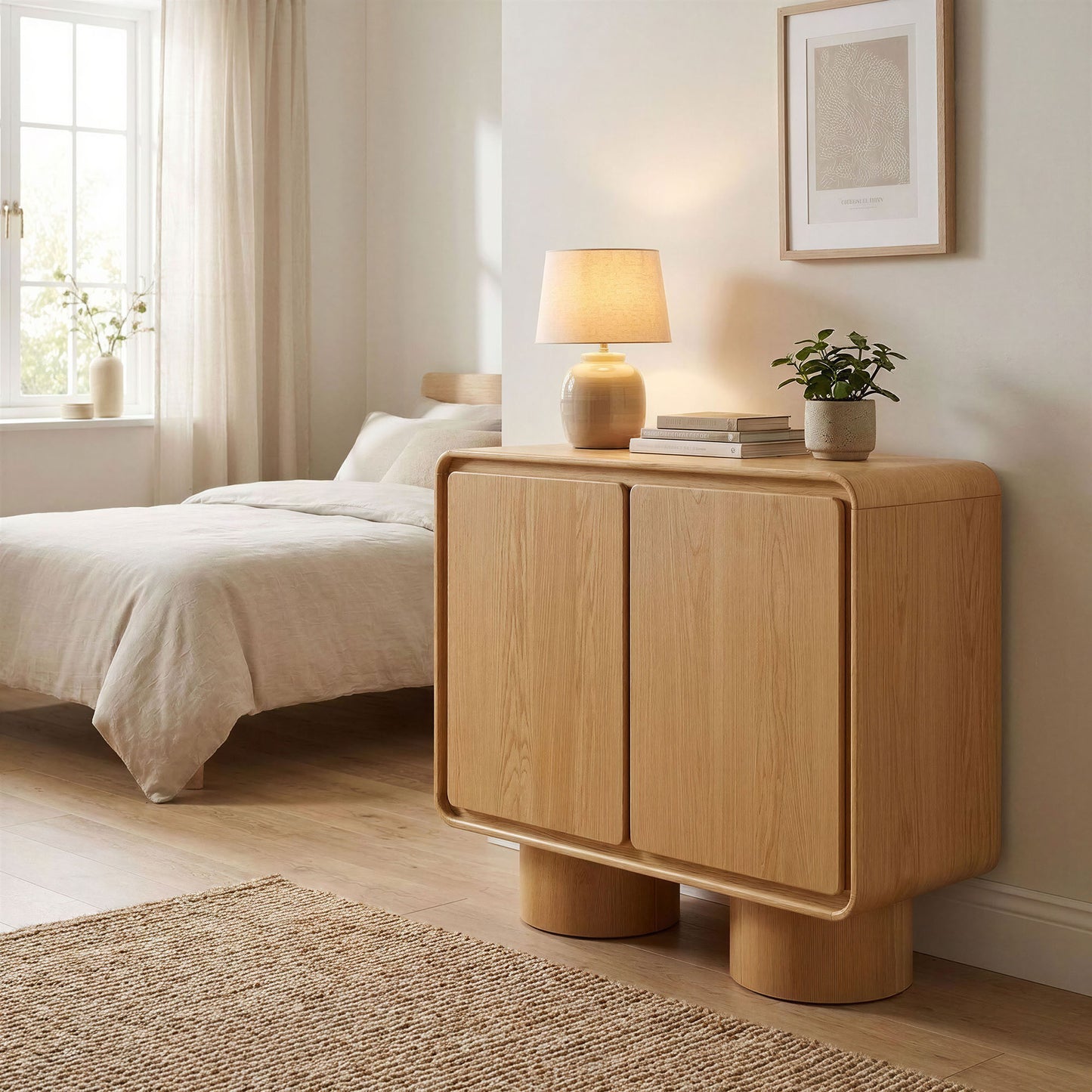 Cassia 2-Door Curved Wood Accent Cabinet in Oak