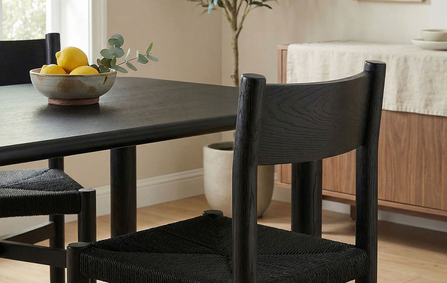 Wells Oak Wood Dining Side Chair With Woven Seat in Black