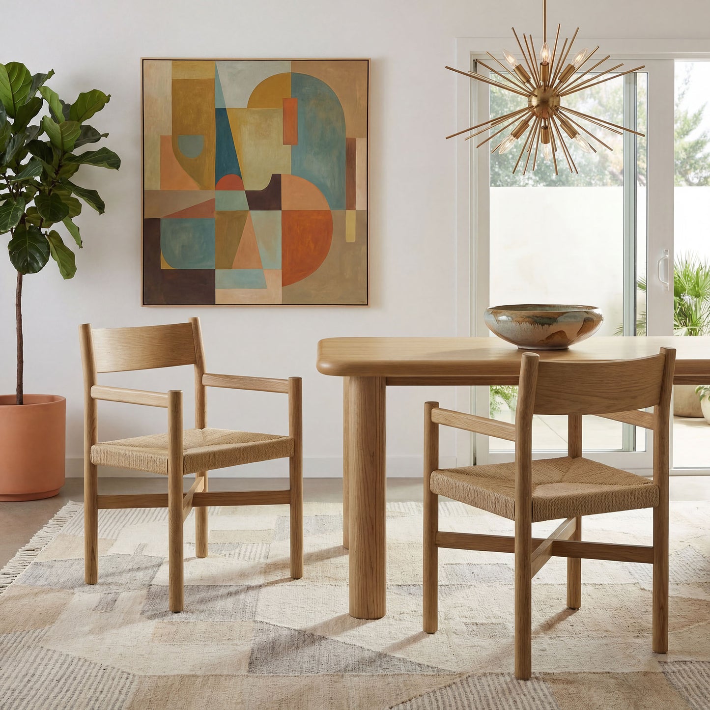 Wells Oak Wood Dining Armchairs With Woven Seats Set of 2 in Weathered Oak