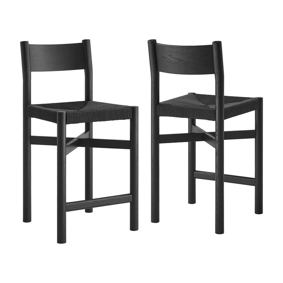 Wells Oak Wood Counter Stools With Woven Seats Set of 2 in Black
