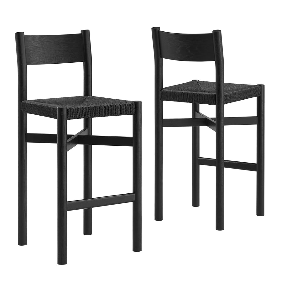 Wells Oak Wood Bar Stools With Woven Seats Set of 2 in Black