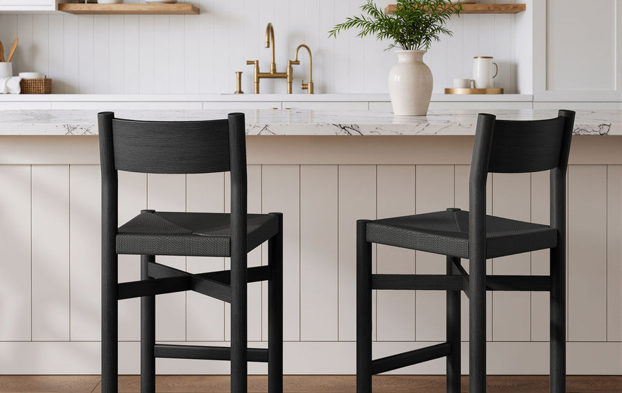 Wells Oak Wood Bar Stools With Woven Seats Set of 2 in Black