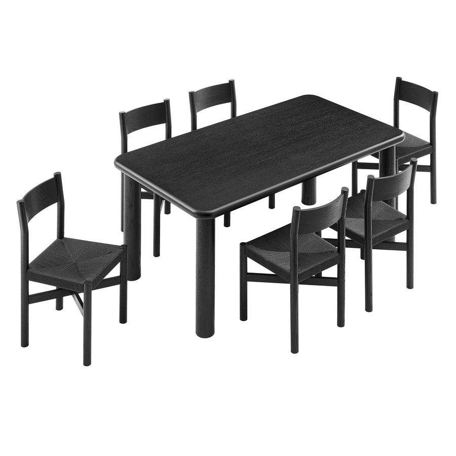 Wells 7-Piece Oak Wood Dining Table and Chairs Set in Black