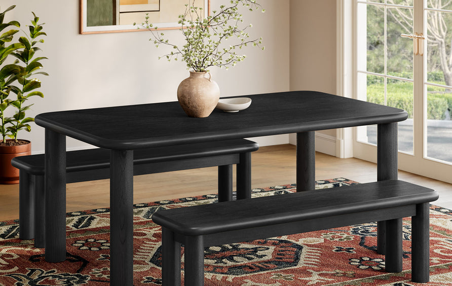 Wells 3-Piece Oak Wood Dining Table and Benches Set in Black