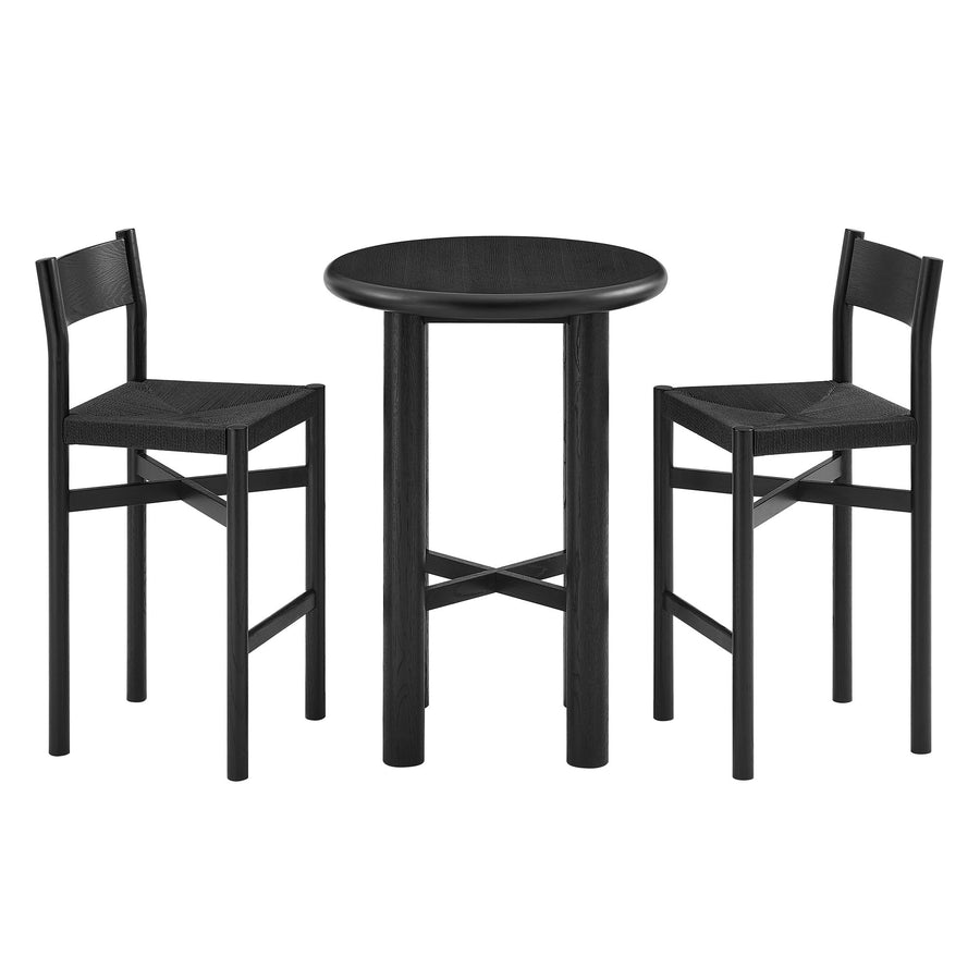 Wells 3-Piece Round Oak Wood Bar Table With Bar Stools Set in Black