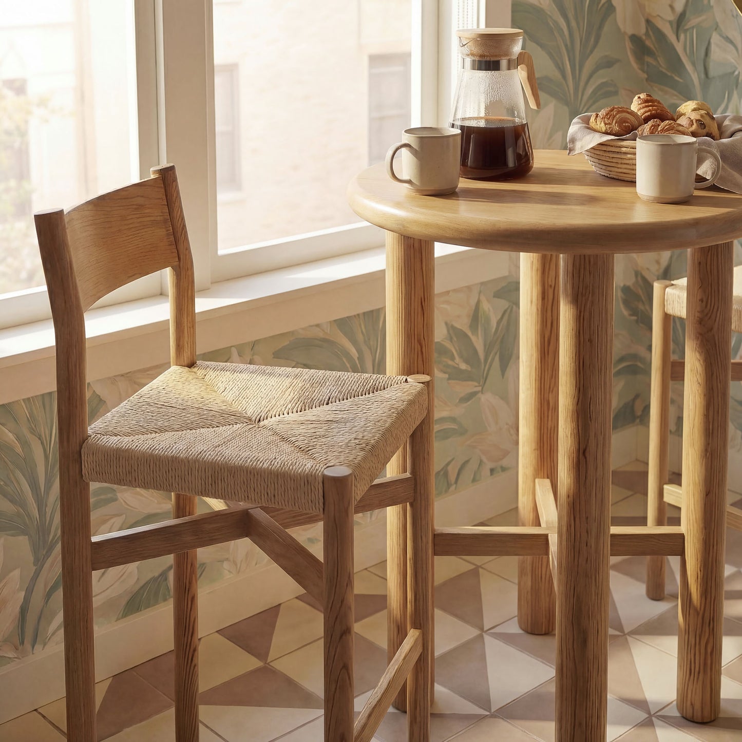 Wells 3-Piece Round Oak Wood Bar Table With Bar Stools Set in Weathered Oak