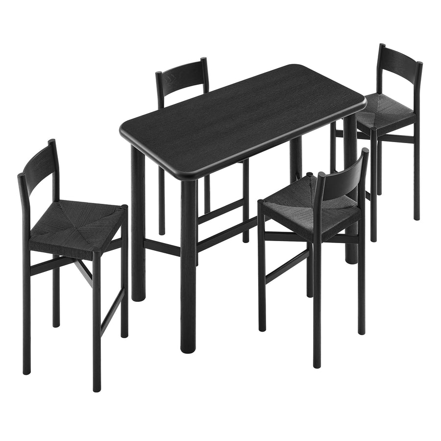 Wells 5-Piece Rectangular Oak Wood Bar Table With Bar Stools Set in Black