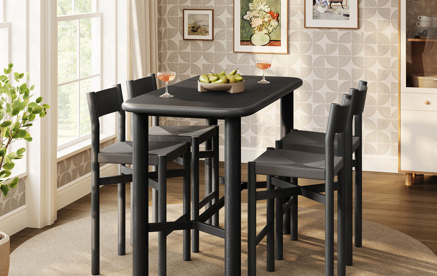 Wells 5-Piece Rectangular Oak Wood Bar Table With Bar Stools Set in Black