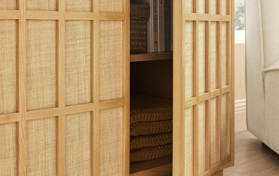 Honey 39 Inch Japandi Accent Cabinet in Light Oak