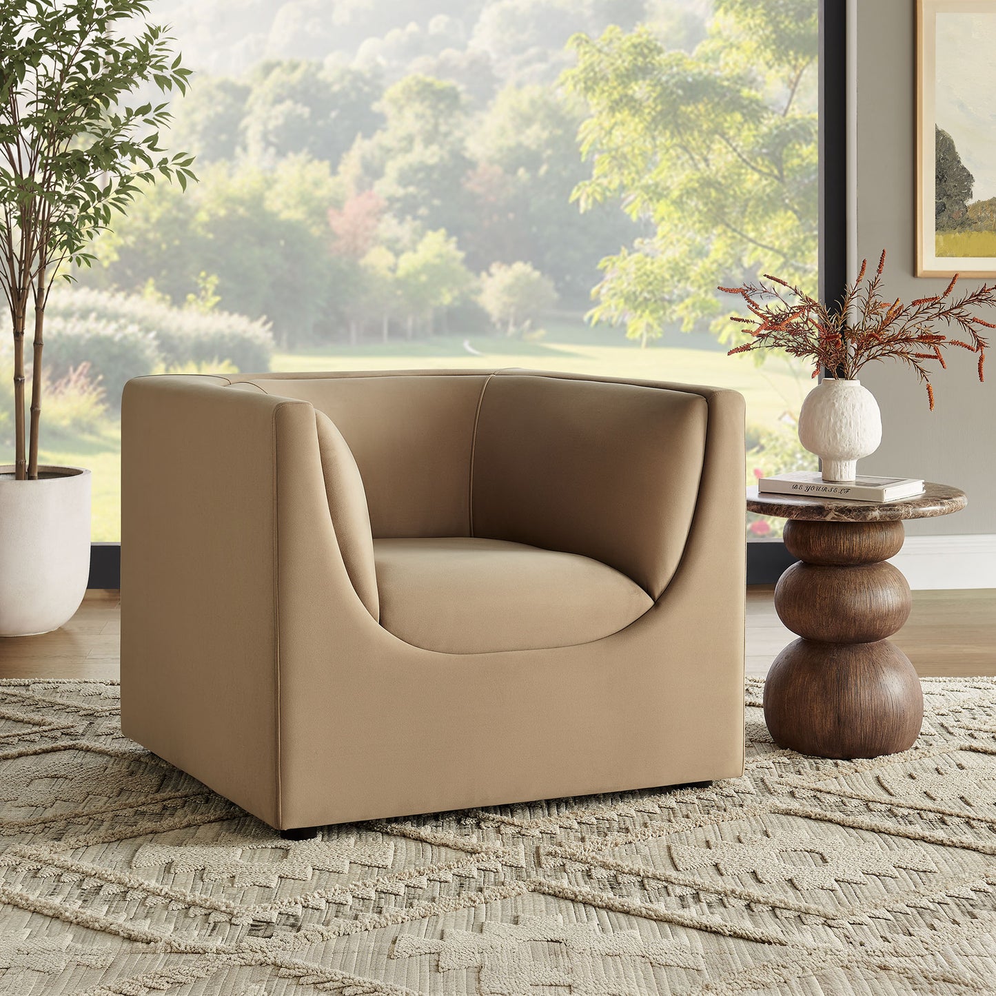 Drift Curved Back Performance Velvet Armchair in Taupe