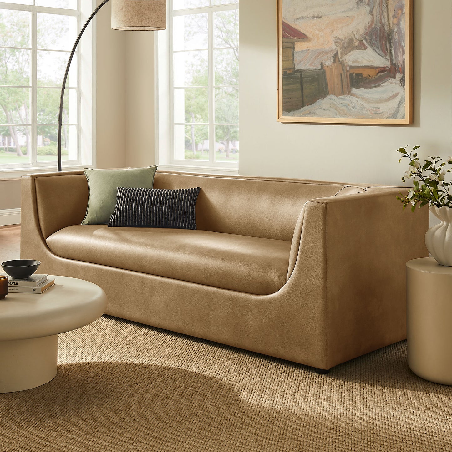 Drift 86" Curved Back Vegan Leather Sofa in Toast