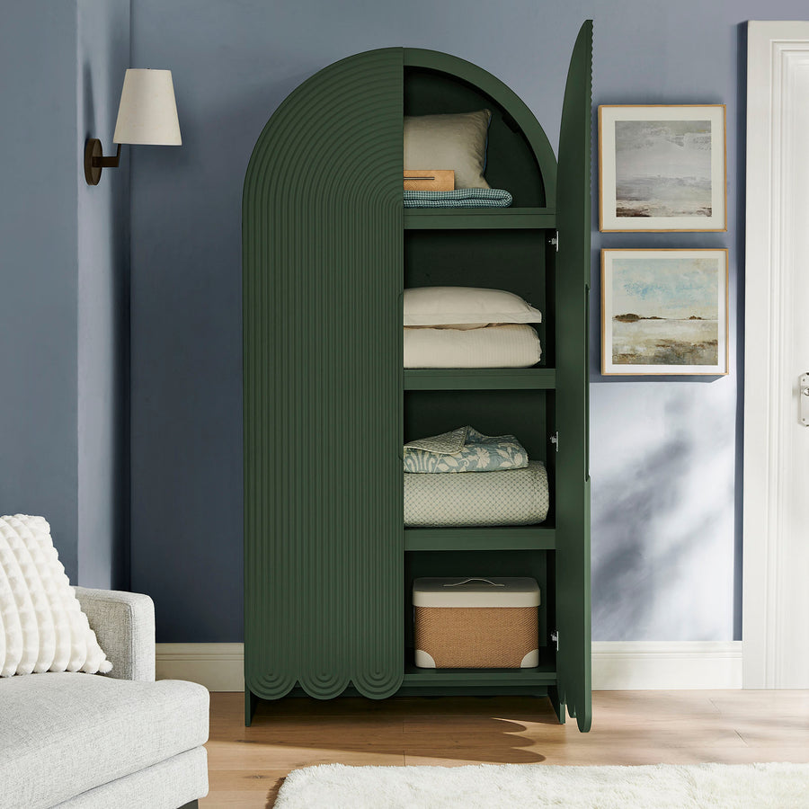 Hugo 78 Inch Fluted and Scalloped Arched Storage Cabinet in Hunter Green