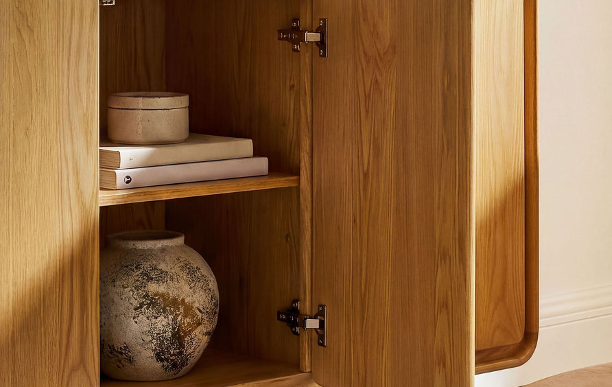 Cassia 3-Door Curved Wood Accent Cabinet in Oak