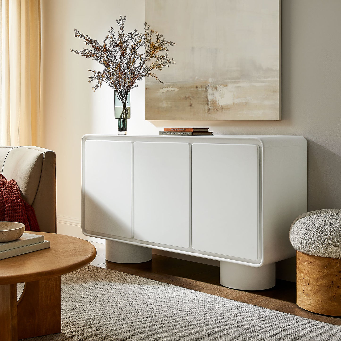 Cassia 3-Door Curved Wood Accent Cabinet in White