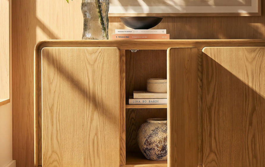 Cassia 4-Door Curved Wood Accent Cabinet in Oak