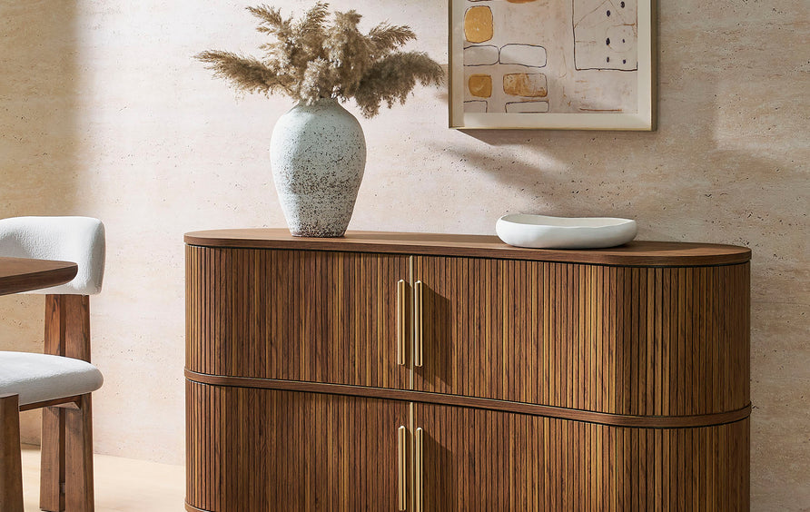 Dingle 63" Curved Fluted Sideboard Buffet Cabinet in Walnut