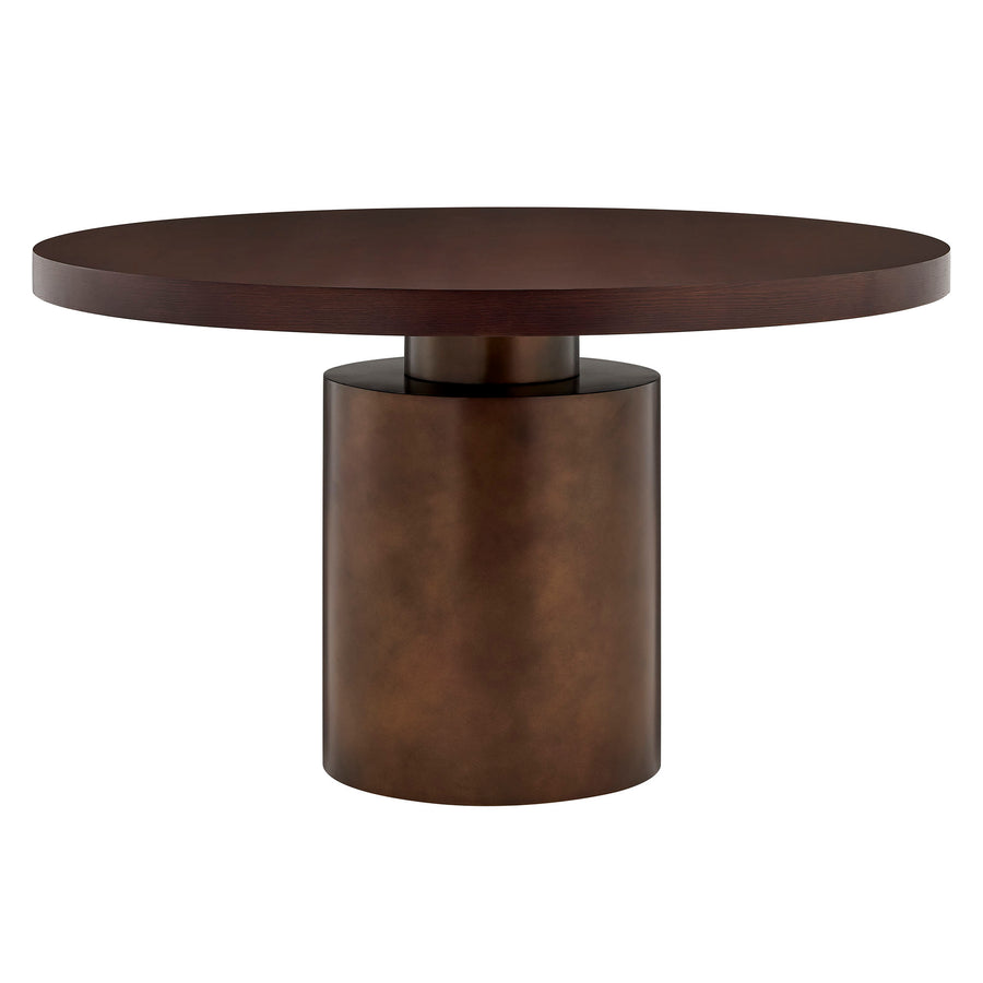 Fenna 54 Inch Round Pedestal Base Dining Table in Dark Walnut Burnished Brass